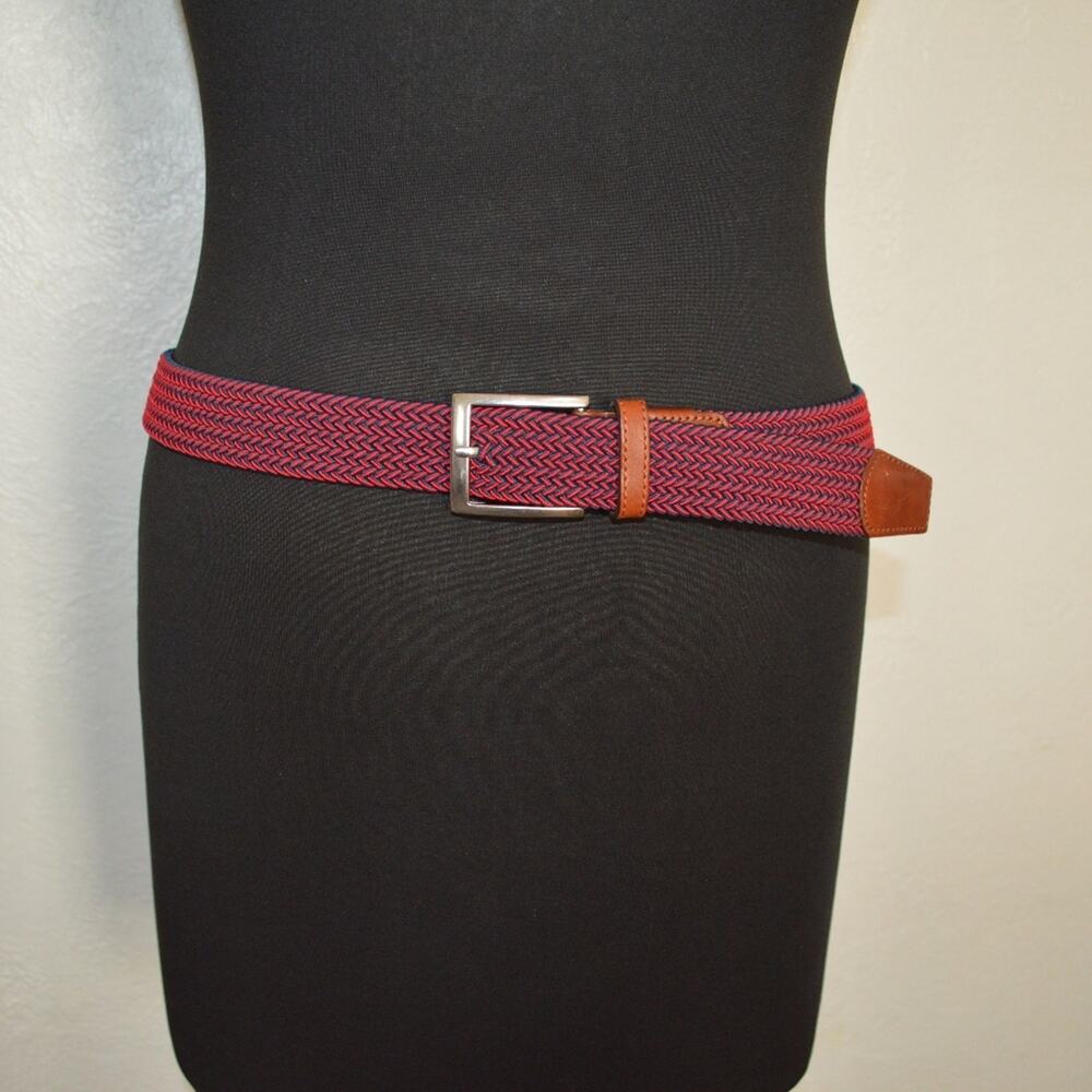 Lands' End Men's Elastic Braid Belt with Leather Tabs US 32 Red & Blue